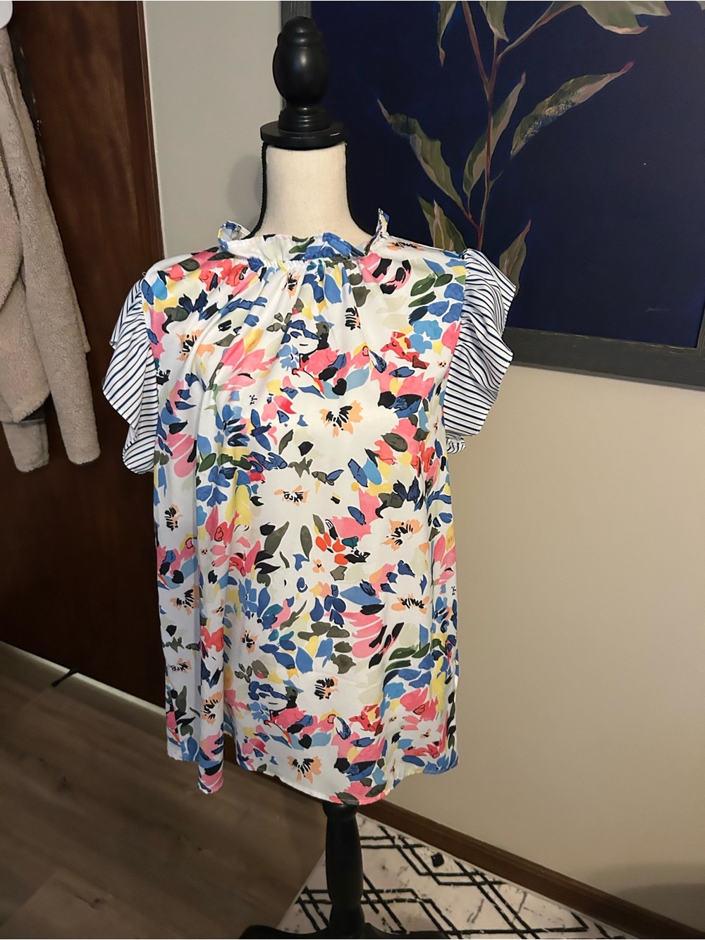 Floral Ruffle Sleeve Women’s Blouse - White/Multi